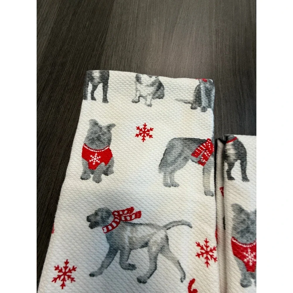 Casaba Home Christmas Dog Kitchen Hand Towels Set of 2 Red Pom Pom Trim Waffle